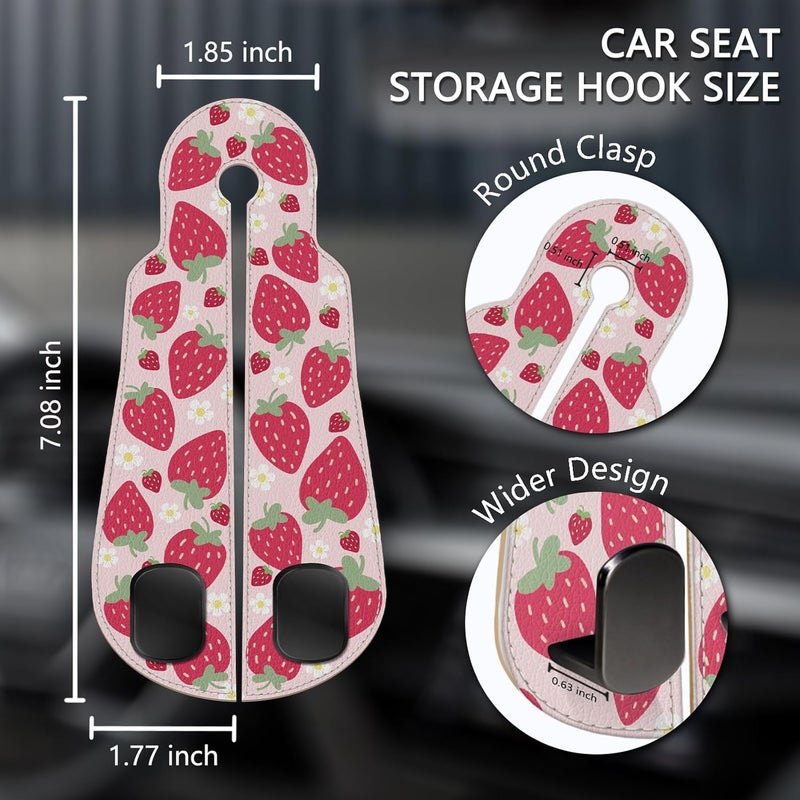 Blusabaca 2PCS Car Seat Back Storage Headrest Hooks, Cute Strawberry Purse Holder Bags Hanger, PU Leather Double Metal Hook for Backseat Organizer, Women Car Accessories Organization - Image 5